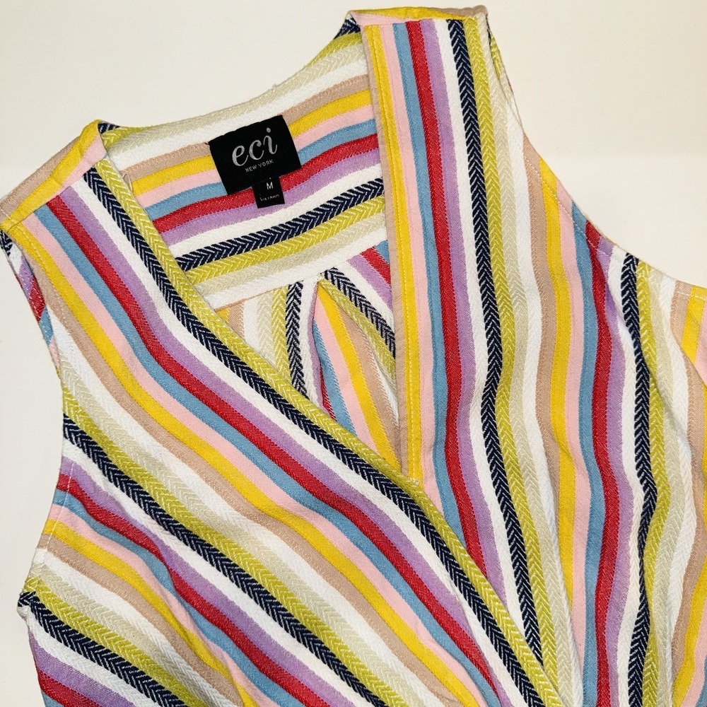 ECI New York Sleeveless Surplice Top M Rainbow Herringbone Stripe Cotton Blend